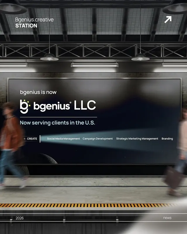 Anuncio de bgenius LLC en una pantalla de estación con el texto Now serving clients in the U.S.
